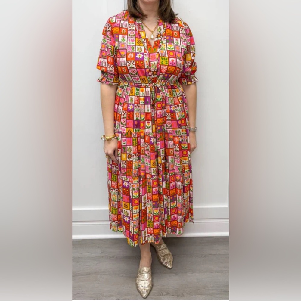 Briton Court Kayley Colorful Patchwork Midi Dress NWT, size medium